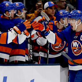 Jan 6, 2020; Brooklyn, New York, USA; New York Islanders left wing Anders Lee (27) is congratulated after scoring the game winning goal against the Colorado Avalanche at NYCB Live in Uniondale New York.. Mandatory Credit: Andy Marlin-USA TODAY Sports
