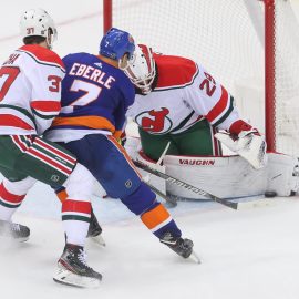 Jan 7, 2020; Newark, New Jersey, USA; New Jersey Devils goaltender Mackenzie Blackwood (29) makes a save on New York Islanders right wing Jordan Eberle (7) during overtime at Prudential Center. Mandatory Credit: Ed Mulholland-USA TODAY Sports