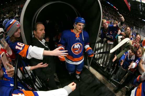 Jan 14, 2020; Uniondale, New York, USA; New York Islanders center Mathew Barzal (13) takes the ice for the second period against the Detroit Red Wings at Nassau Veterans Memorial Coliseum. Mandatory Credit: Brad Penner-USA TODAY Sports