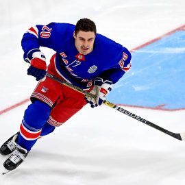 Jan 24, 2020; St. Louis, Missouri, USA; New York Rangers forward Chris Kreider (20) during the fastest skater competition in the 2020 NHL All Star Game Skills Competition at Enterprise Center. Mandatory Credit: Aaron Doster-USA TODAY Sports
