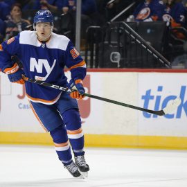 Feb 4, 2020; Brooklyn, New York, USA; New York Islanders left wing Kieffer Bellows (20) skates against the Dallas Stars during the first period at Barclays Center. Bellows is making his NHL debut. Mandatory Credit: Brad Penner-USA TODAY Sports