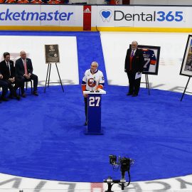 Feb 21, 2020; Uniondale, New York, USA; New York Islanders former player John Tonelli speaks during a retirement ceremony for his number 27 jersey before a game against the Detroit Red Wings at Nassau Veterans Memorial Coliseum. Mandatory Credit: Andy Marlin-USA TODAY Sports