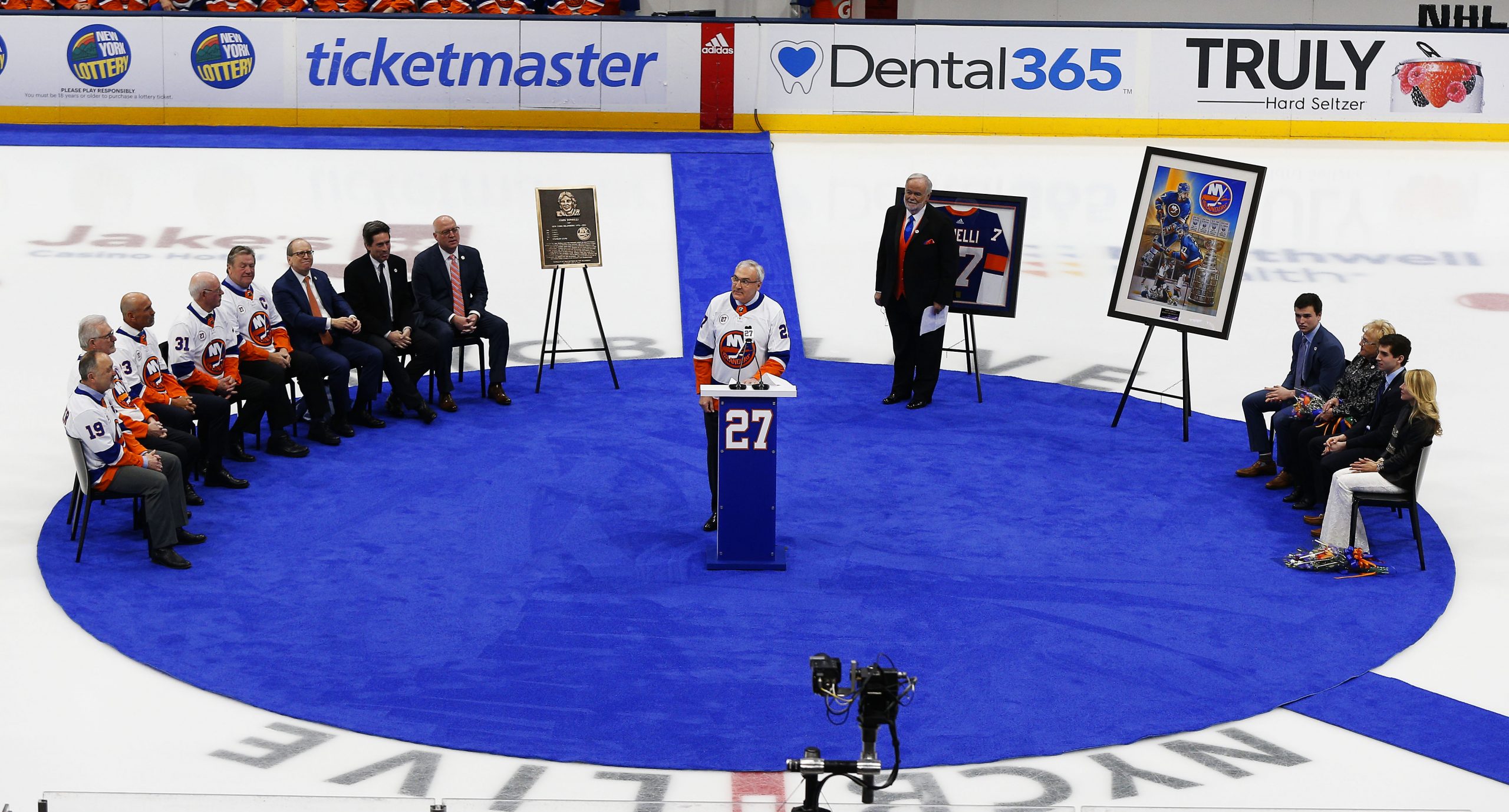 Feb 21, 2020; Uniondale, New York, USA; New York Islanders former player John Tonelli speaks during a retirement ceremony for his number 27 jersey before a game against the Detroit Red Wings at Nassau Veterans Memorial Coliseum. Mandatory Credit: Andy Marlin-USA TODAY Sports