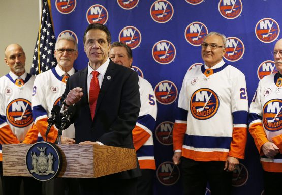 Feb 29, 2020; Uniondale, New York, USA; New York State governor Andrew Cuomo addresses the media announcing that the Islanders will play all this years playoff games and all next years home games at the Nassau Colisuem prior to the game against the Boston Bruins at Nassau Veterans Memorial Coliseum. Mandatory Credit: Andy Marlin-USA TODAY Sports