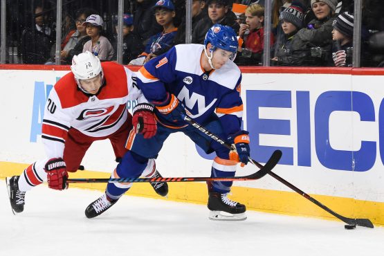 Nov 24, 2018; Brooklyn, NY, USA; New York Islanders defenseman Thomas Hickey (4) and Carolina Hurricanes center Sebastian Aho (20) battle for the puck behind the goal during the first period at Barclays Center. Mandatory Credit: Dennis Schneidler-USA TODAY Sports