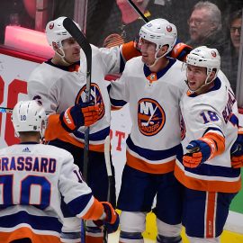 Mar 10, 2020; Vancouver, British Columbia, CAN; New York Islanders forward Anthony Beauvillier (18) celebrates with forward Brock Nelson (29) and forward Derick Brassard (10) after scoring against the Vancouver Canucks during the third period at Rogers Arena. Mandatory Credit: Anne-Marie Sorvin-USA TODAY Sports