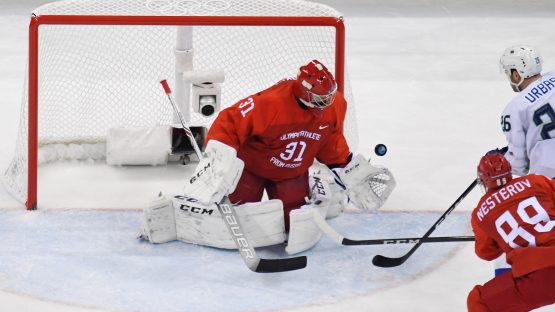 Feb 16, 2018; Gangneung, South Korea; Olympic Athlete of Russia goalkeeper Ilya Sorokin (31) makes a save from a shot by Slovenia forward Jan Urbas (26) during the third period at the Pyeongchang 2018 Olympic Winter Games at Gangneung Hockey Centre. Mandatory Credit: David E. Klutho-USA TODAY Sports