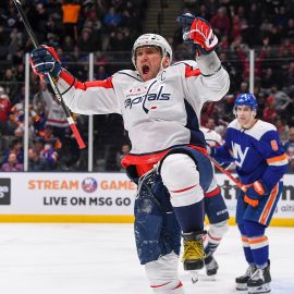 Jan 18, 2020; Uniondale, New York, USA; Washington Capitals left wing Alex Ovechkin (8) celebrate after scoring a goal against the New York Islanders during the third period at Nassau Veterans Memorial Coliseum. Mandatory Credit: Dennis Schneidler-USA TODAY Sports
