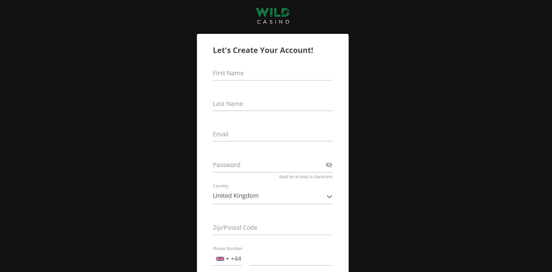 Step 2. - Fill the Wild Casino Registration Form