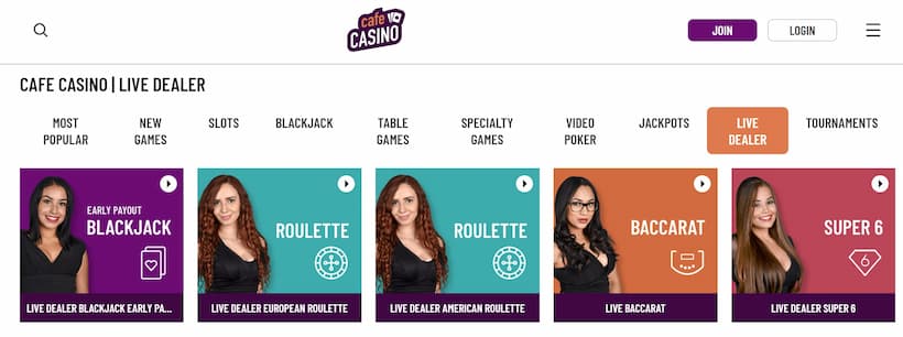 Cafe Casino Live Dealer Games Section