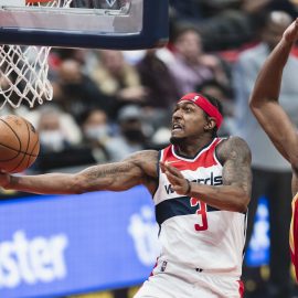 Bradley Beal takes it strong to basket during Washington Wizards vs. Atlanta Hawks game at the Capital One Arena