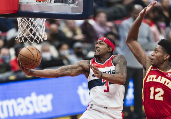 Bradley Beal takes it strong to basket during Washington Wizards vs. Atlanta Hawks game at the Capital One Arena