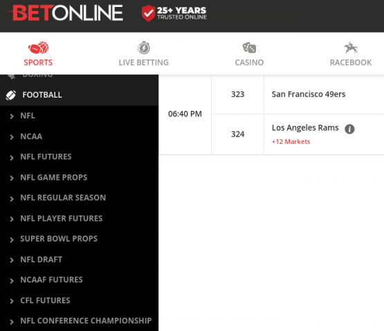 A screenshot of the football betting page at BetOnline