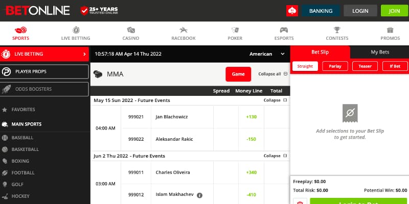 MMA futures BetOnline app