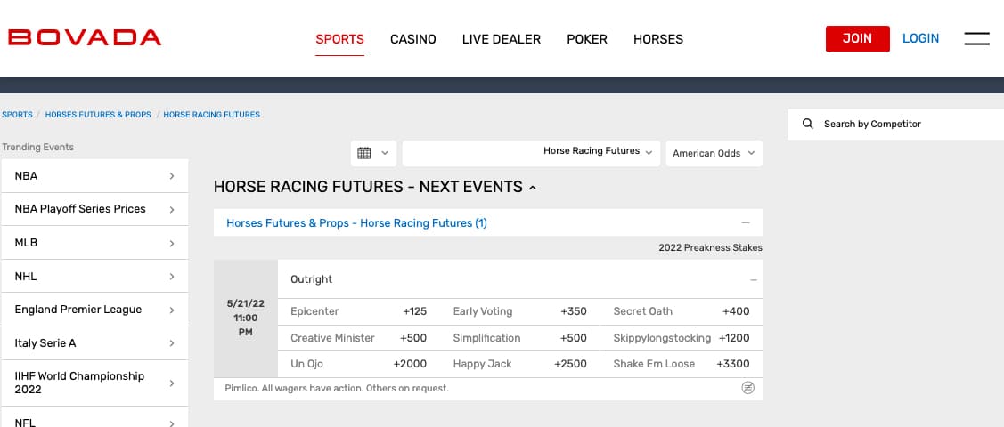 Bovada Preakness odds futures