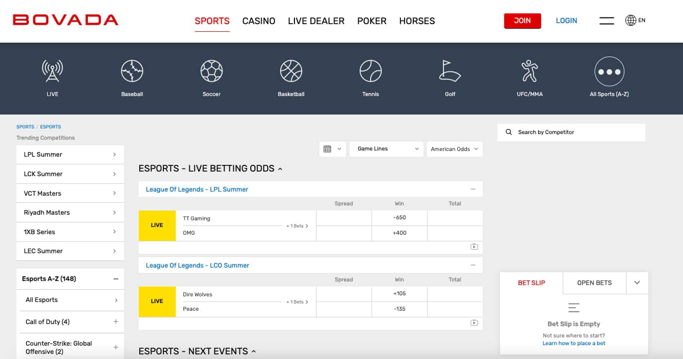 Bovada League of Legends Live betting
