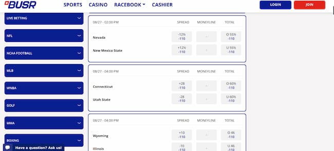 BUSR dedicated section for NCAA football prop bets