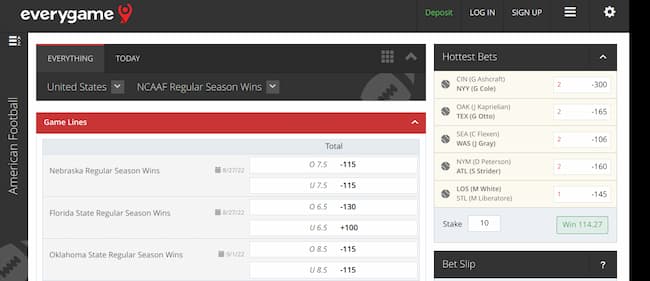 Everygame offers college football betting, casino games and poker