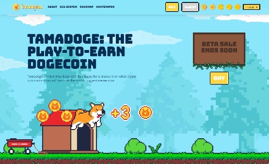 Play Metaverse Games. Pixel dog jumping to collect a gold coin with words Tamadoge.