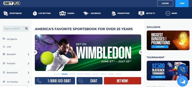 BetUS homepage for tennis betting online