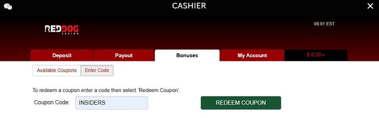 Red Dog Casino Cashier Bonus Code