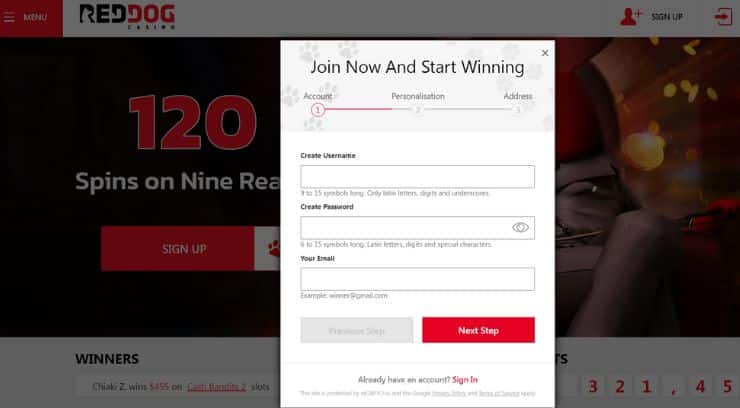 Red Dog Casino Sign Up Form