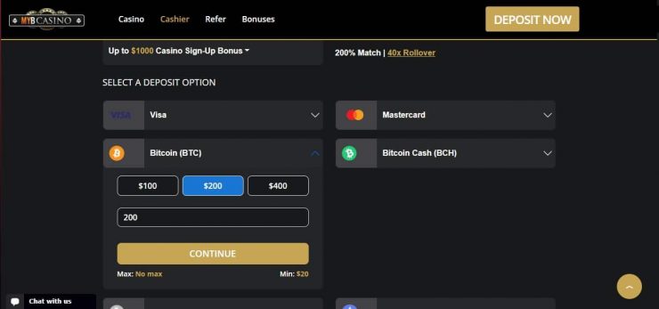 Deposit screen to input No Deposit bonus code from MyB Casino