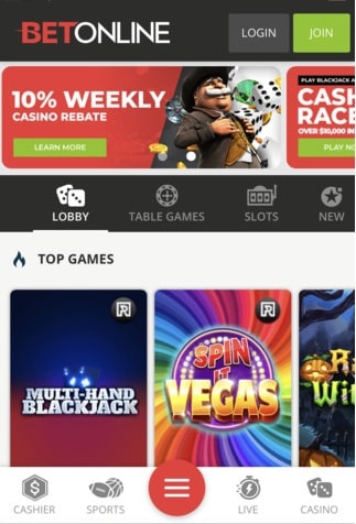 BetOnline casino homepage