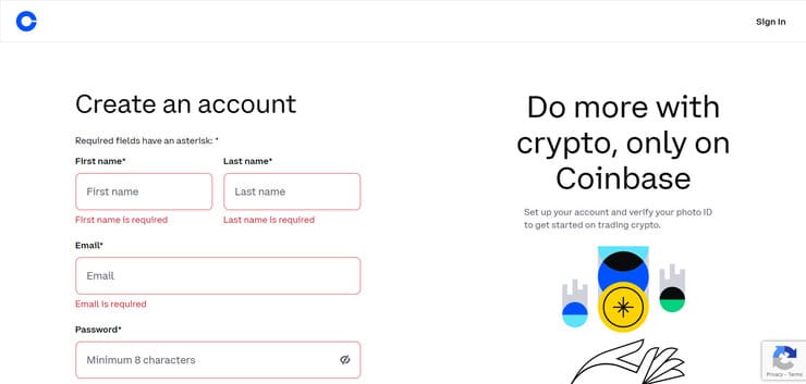 Coinbase sign up screen