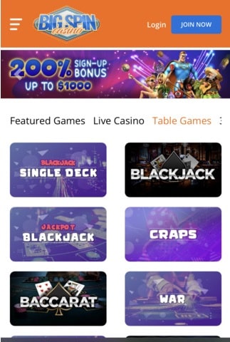 Big Spin Casino homepage