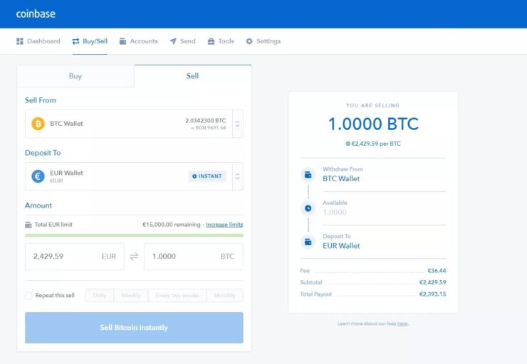Coinbase trading window for selling