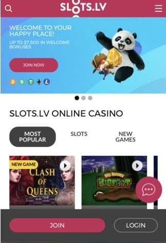 Slots.lv homepage on mobile