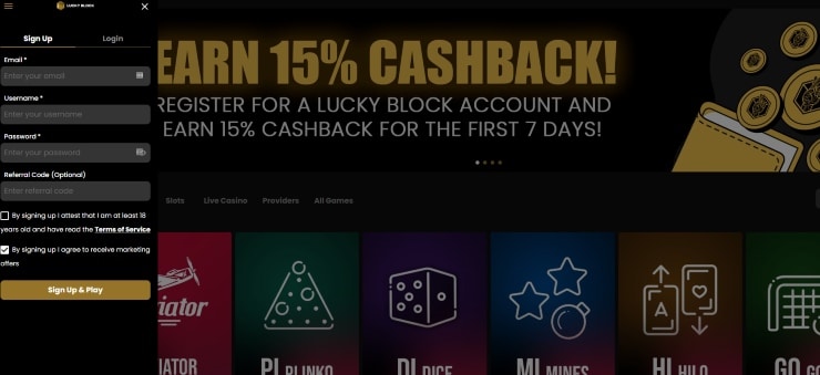 Lucky Block Casino Sign Up Form