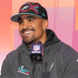 Jalen Hurts of the Philadelphia Eagles on Super Bowl Opening Night.