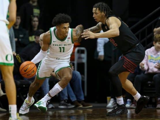 Oregon guard Rivaldo Soares dribbles the ball.