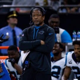 Steve Wilks stands on the sideline as Carolina Panthers Interim Coach, and will become the 49ers Defensive Coordinator.
