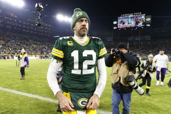 Green Bay Packers quarterback Aaron Rodgers walks.