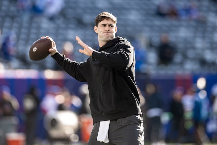 New York Giants quarterback Daniel Jones winds up to throw.