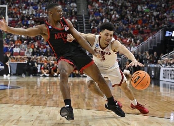 San Diego State Aztecs guard Lamont Butler plays defense.