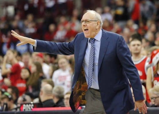 Syracuse Orange head coach Jim Boeheim points.