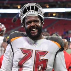 Tampa Bay Buccaneers offensive tackle Donovan Smith smiles.