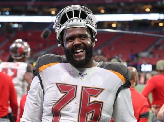 Tampa Bay Buccaneers offensive tackle Donovan Smith smiles.