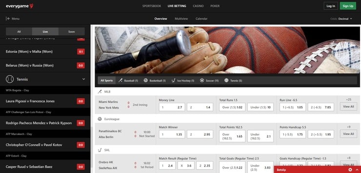 EveryGame live sports betting screen