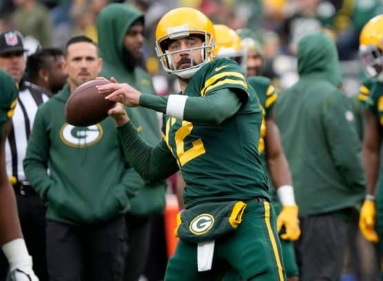 Green Bay Packers quarterback Aaron Rodgers throws a ball.