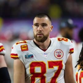 Kansas City Chiefs tight end Travis Kelce stands and stares.