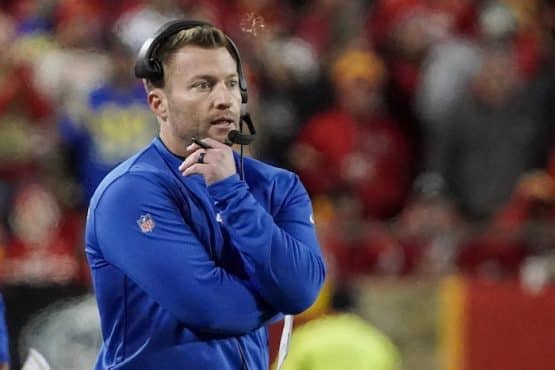 Los Angeles Rams head coach Sean McVay stares and thinks.