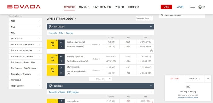 Bovada live betting screen