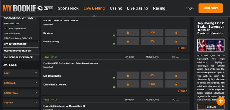 MyBookie live betting screen