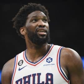 Philadelphia 76ers center Joel Embiid stares.