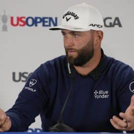 A; Jon Rahm talks during a press conference for the U.S. Open golf tournament
